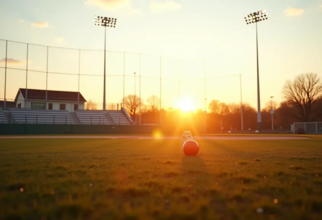 Campo de beisebol iluminado ao pôr do sol