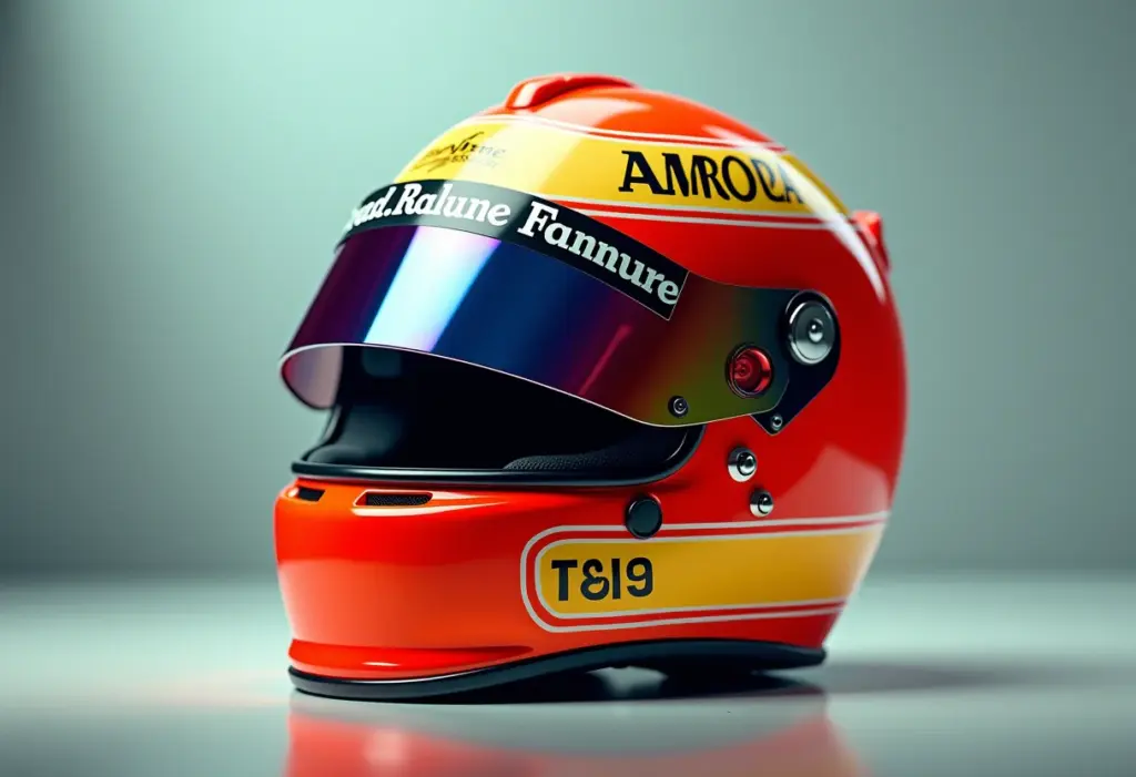 Capacete de Ayrton Senna refletindo a pista de corrida