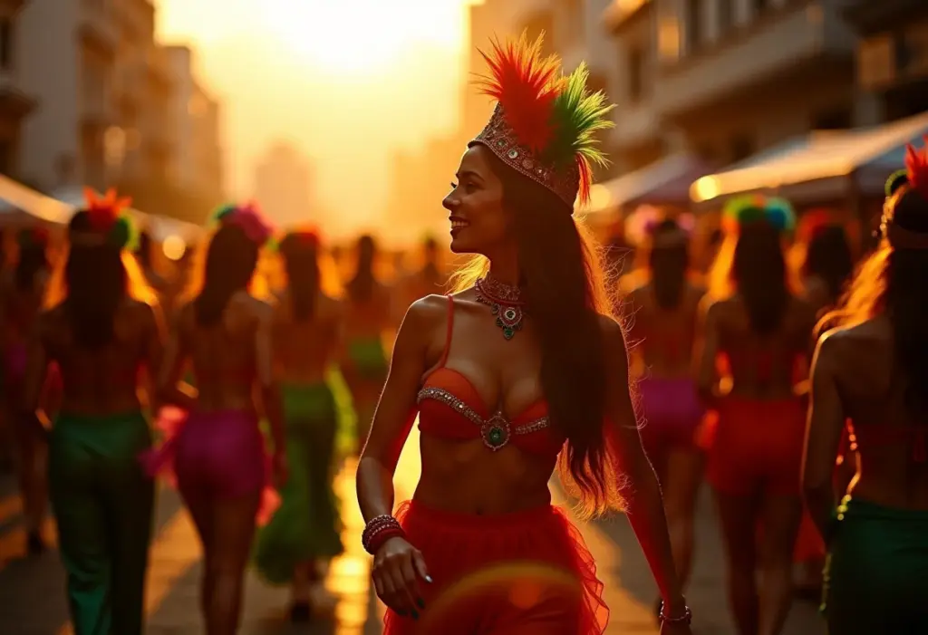 Carnaval no Rio de Janeiro: Celebração vibrante com dançarinos em trajes coloridos