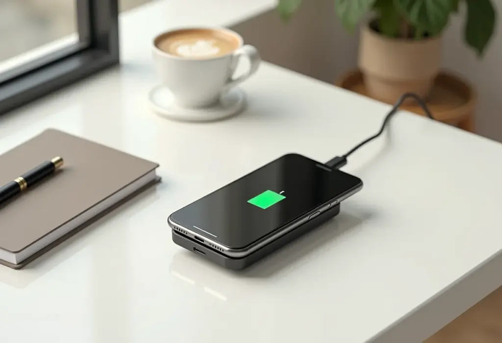 Carregador portátil sem fio em mesa minimalista