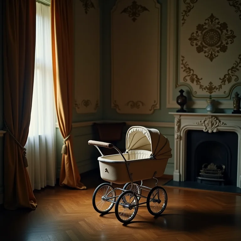 Carrinho de bebê antigo em um apartamento luxuoso, representando o filme O Bebê de Rosemary.