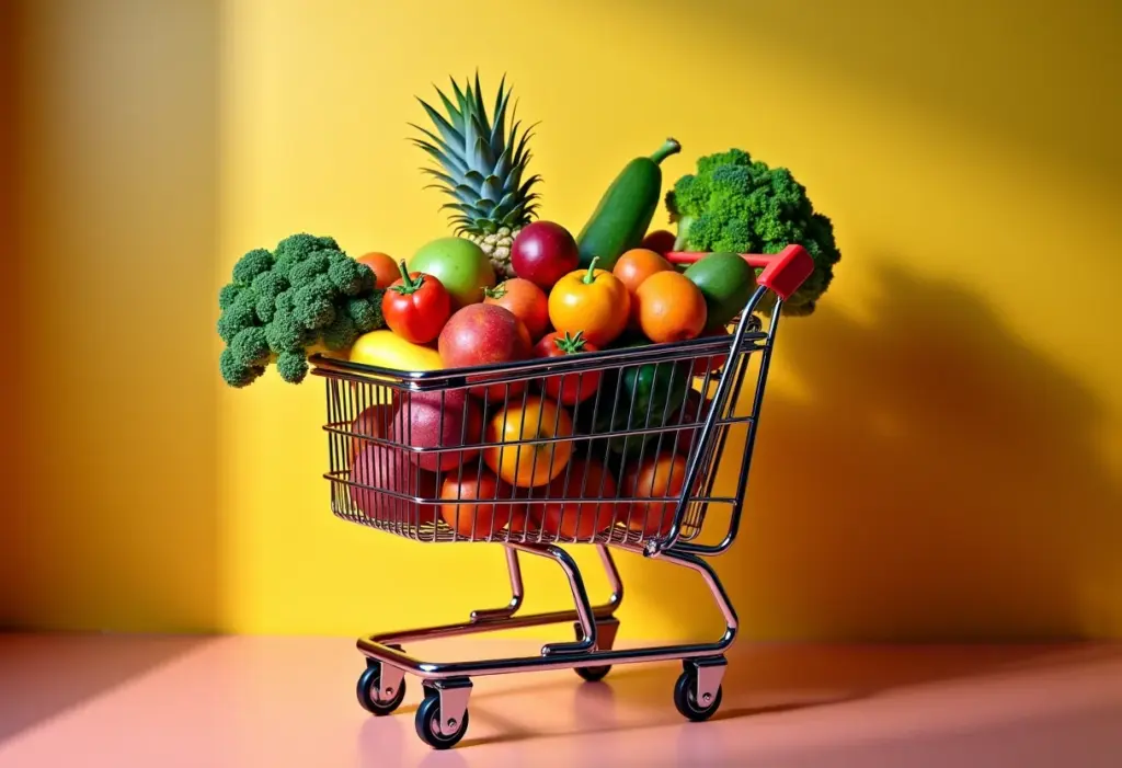 Supermercado: 7 truques geniais para economizar na lista de compras Carrinho de supermercado cheio de alimentos coloridos