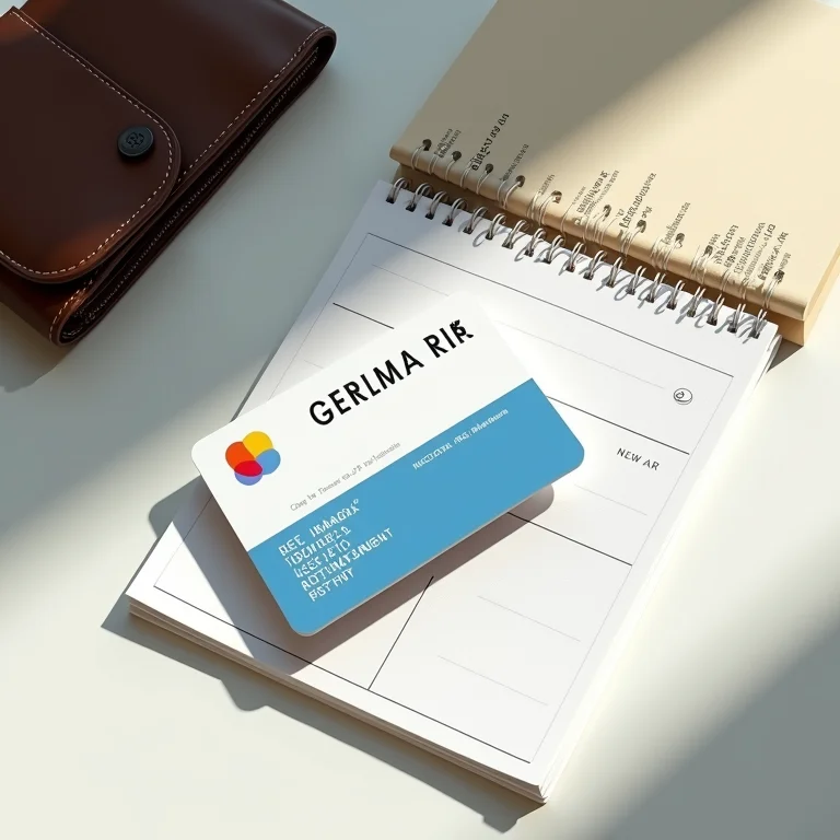 Cartão de transporte público, carteira moderna e calendário minimalista.