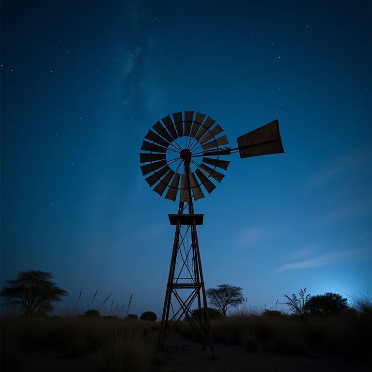 Cata-vento artesanal sob o céu estrelado africano, simbolizando a esperança em 'O Menino Que Descobriu o Vento'