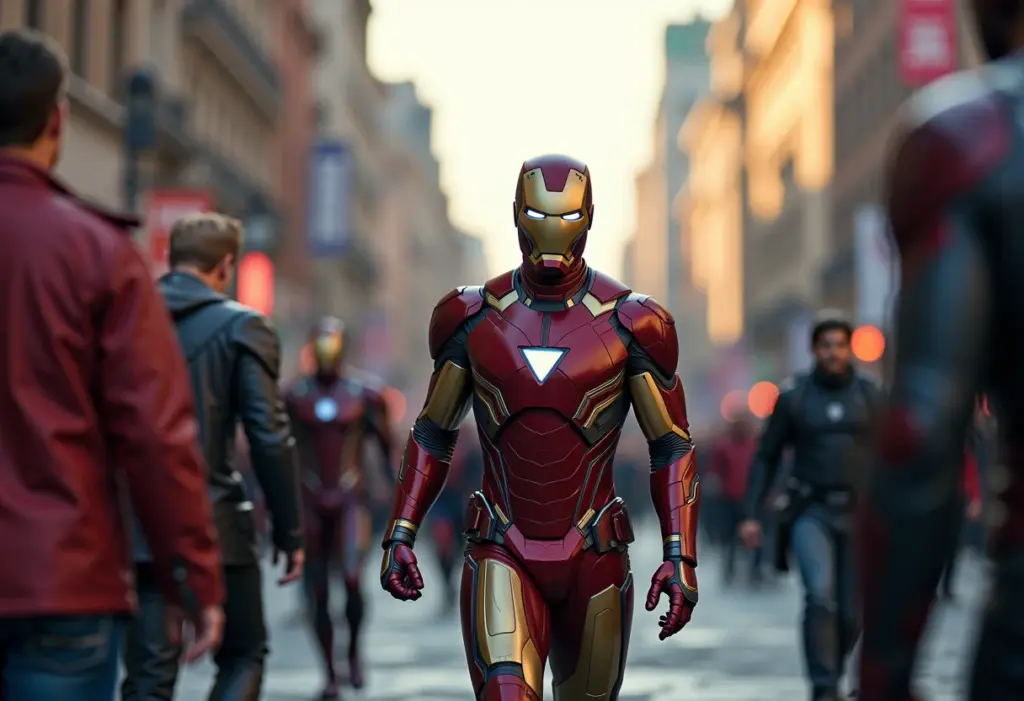 Cena cinematográfica com personagens da Marvel em ação.