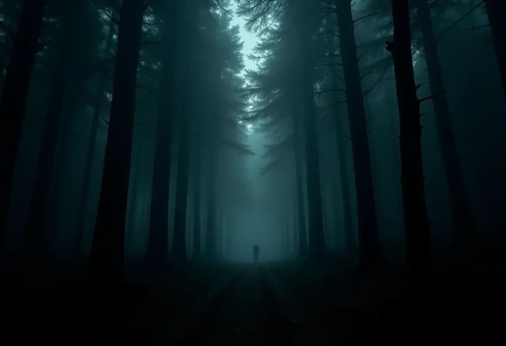 Terror Psicológico Sem Susto: 7 Filmes Perturbadores Para Assistir Cena de floresta escura e misteriosa, representando terror psicológico.