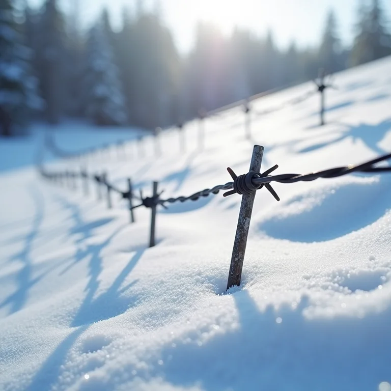 Cerca de arame farpado com neve, representando A Lista de Schindler
