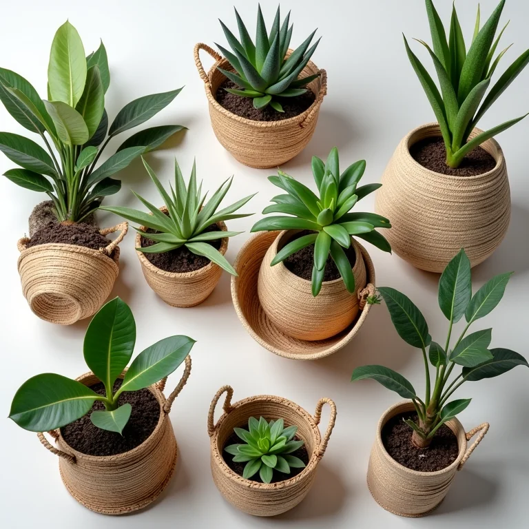 Cestos de palha como cachepots para plantas.