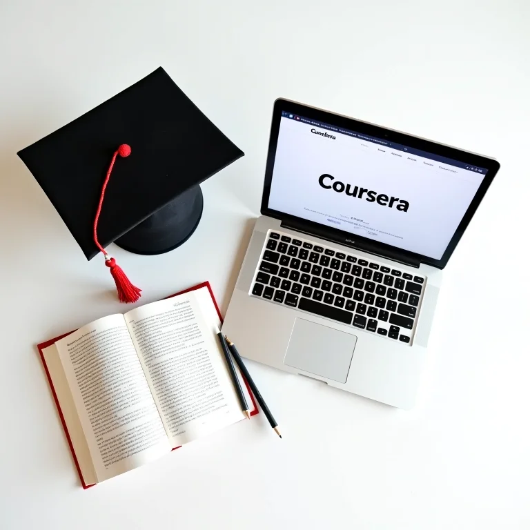 Chapéu de formatura, livro aberto e laptop mostrando o site Coursera