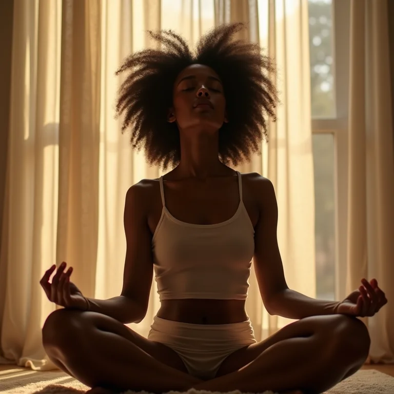 Close-up de mulher negra meditando para representar mindfulness