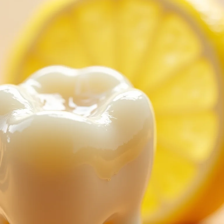 Close-up do esmalte dentário em contraste com limão