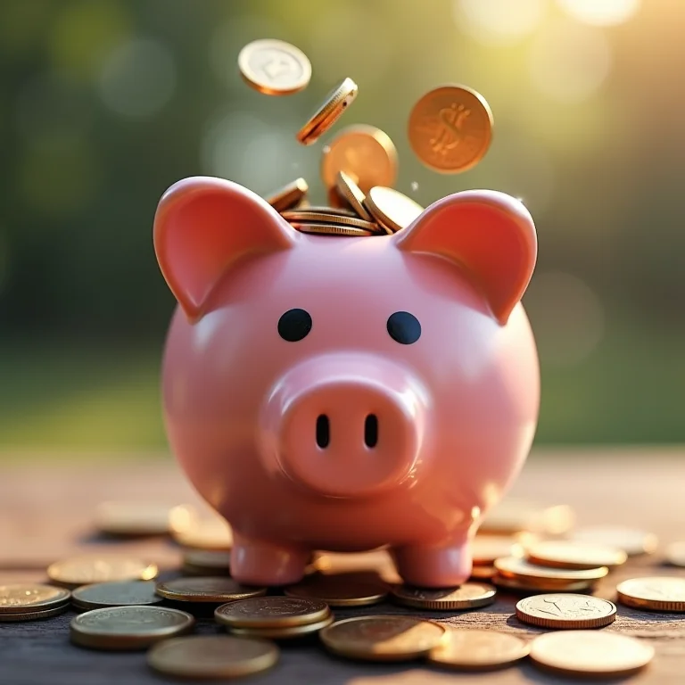 Cofrinho cheio de moedas e notas.