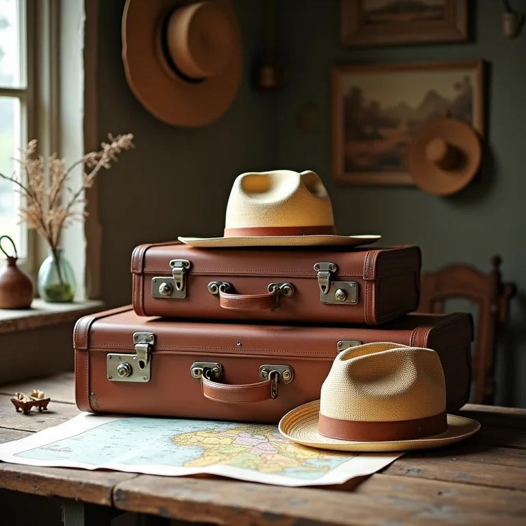 Composição de malas antigas e chapéu de palha representando tipos de hotéis fazenda