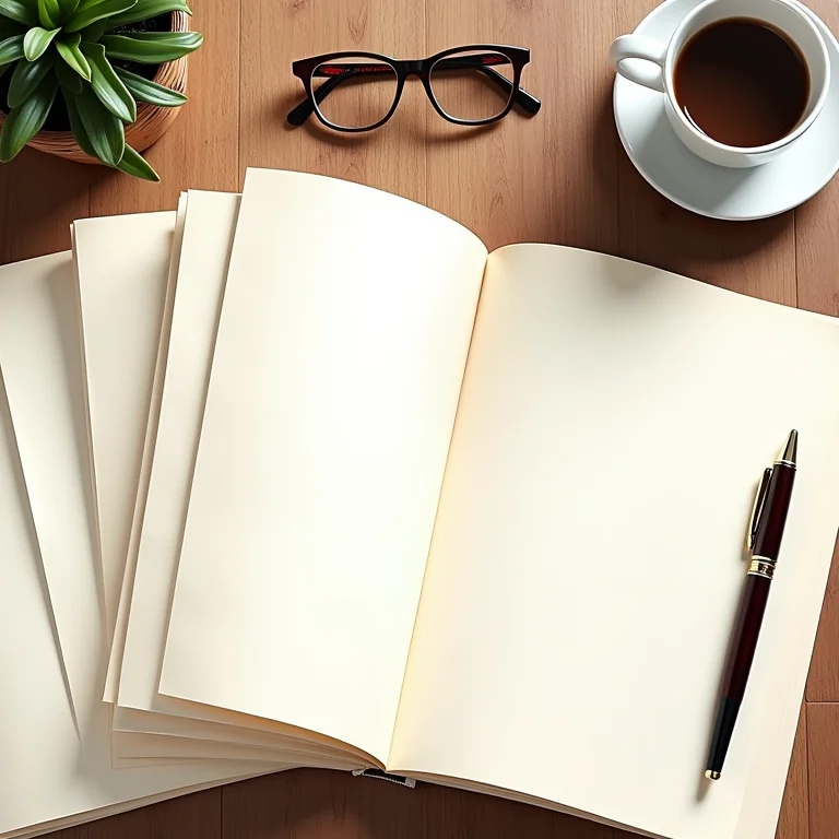 Composição de peças de teatro brasileiras com caneta vintage, óculos e café.