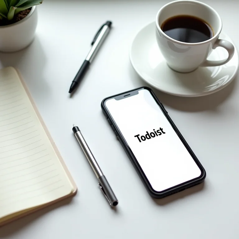 Configuração minimalista de mesa com o aplicativo Todoist em destaque.