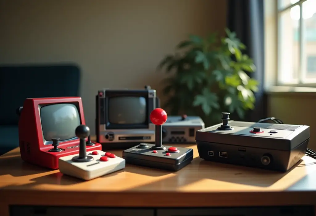 Consoles e jogos antigos em uma mesa de madeira.