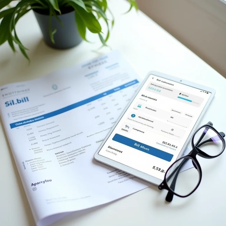 Contas e boletos organizados sobre a mesa.