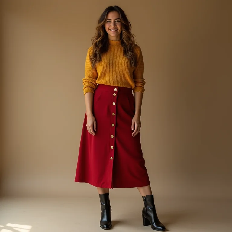 Contraste de cores na saia midi e bota