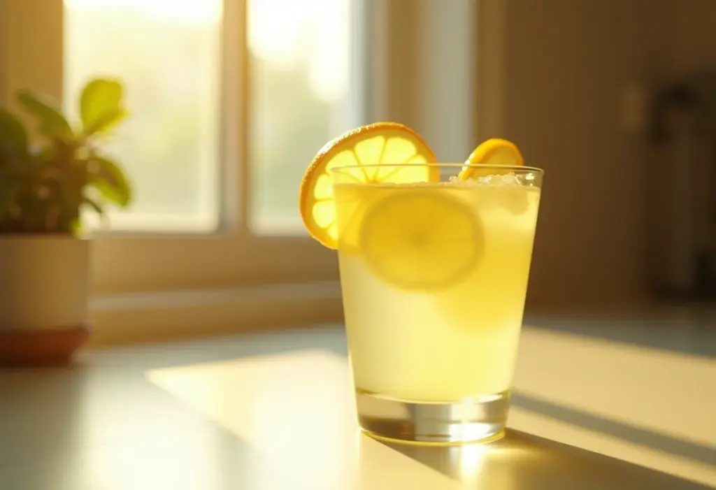 Copo de água com limão sob luz natural