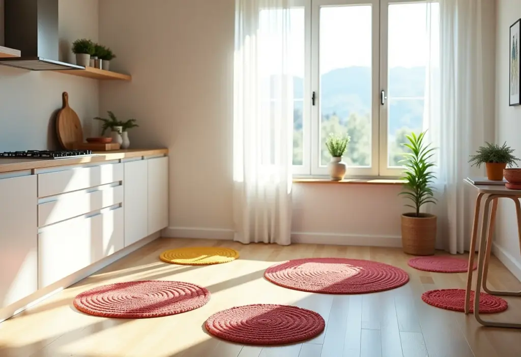 Cozinha charmosa com tapetes de crochê coloridos