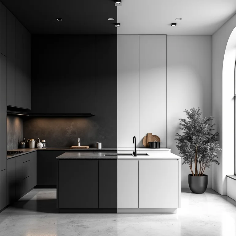 Cozinha em preto e branco com desequilíbrio visual