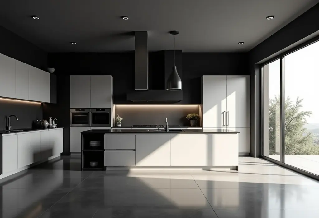 Cozinha preta e branca com design minimalista e iluminação suave