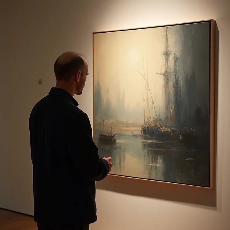 Curador de arte examinando pintura.