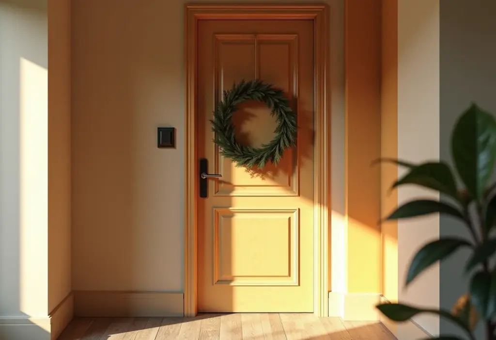 Decoração clean e charmosa de porta de apartamento.