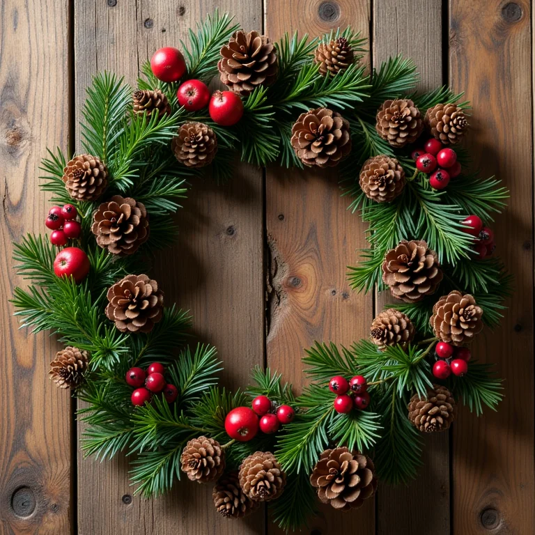 Decoração de Natal feita com elementos da natureza como pinhas e galhos.