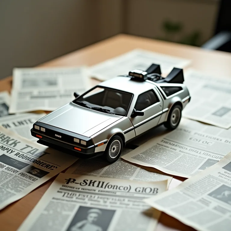 Delorean e manchetes históricas, representando 'De Volta Para o Futuro'