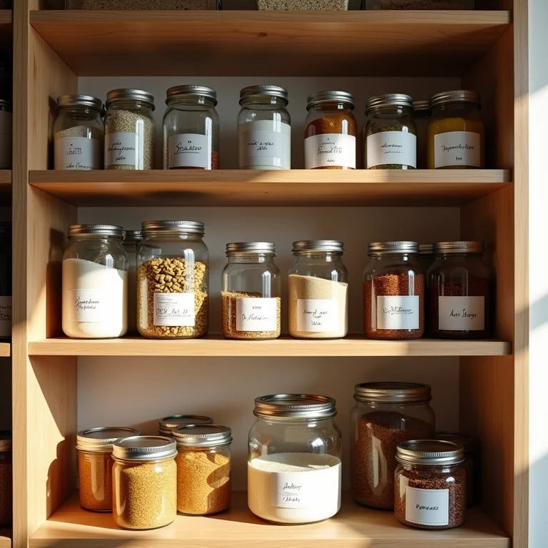 Despensa organizada com alimentos etiquetados