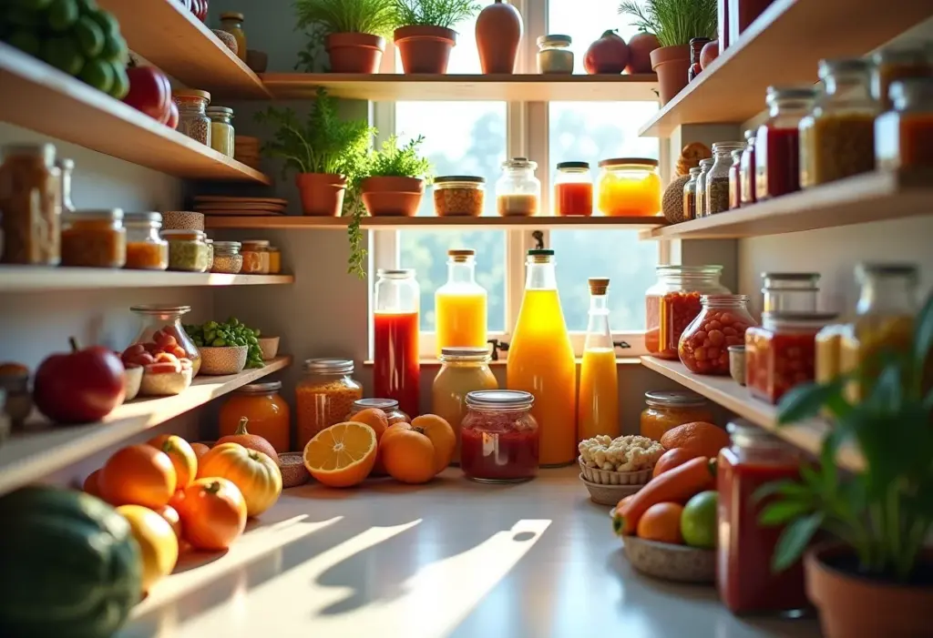 Despensa organizada com diversos alimentos coloridos