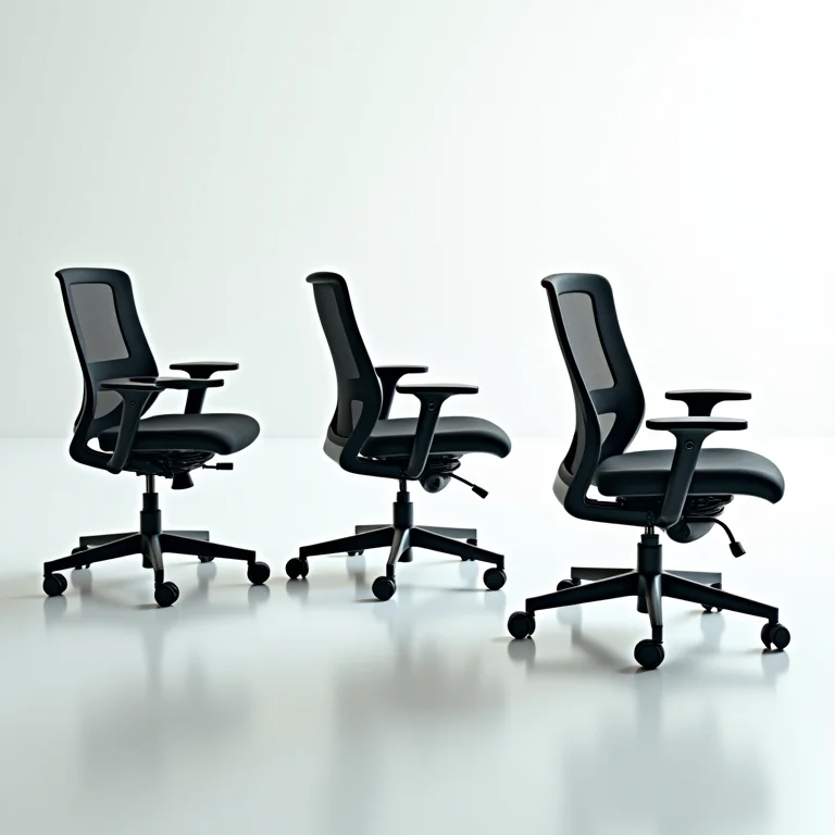 Detalhes de cadeiras ergonômicas: suporte lombar, tela respirável e assento confortável