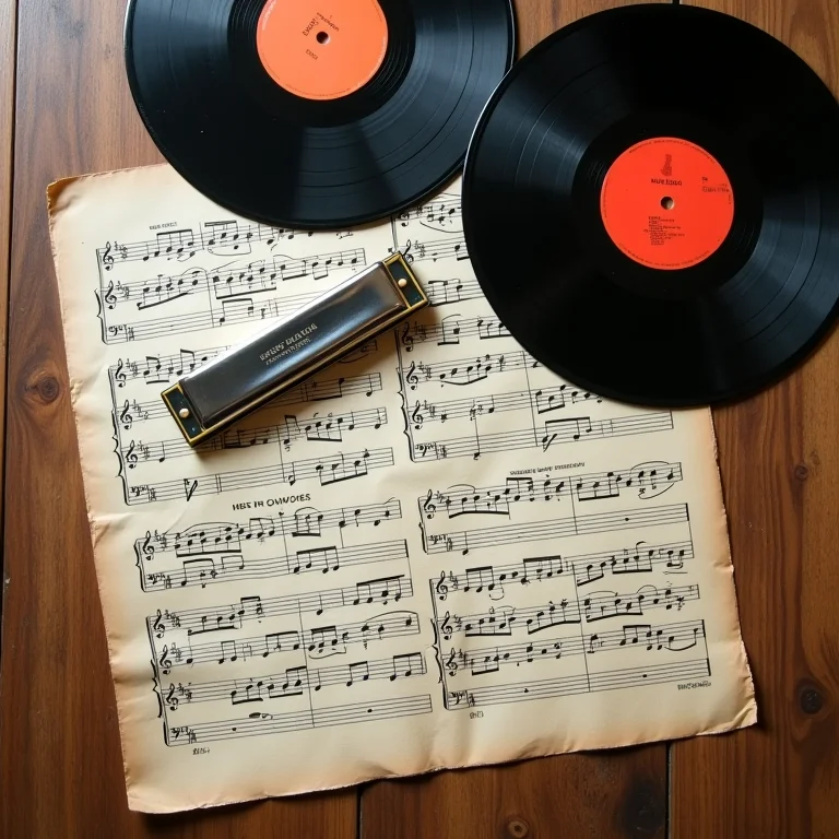 Discos de vinil, gaita e partituras antigas dispostos artisticamente