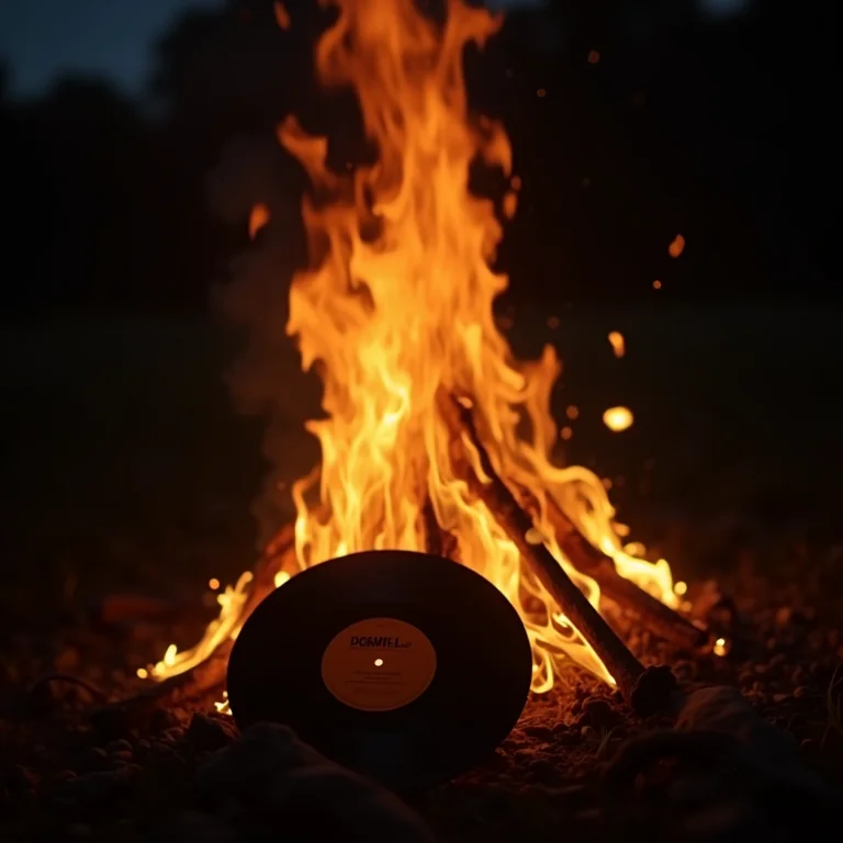 Discos de vinil queimando em uma fogueira