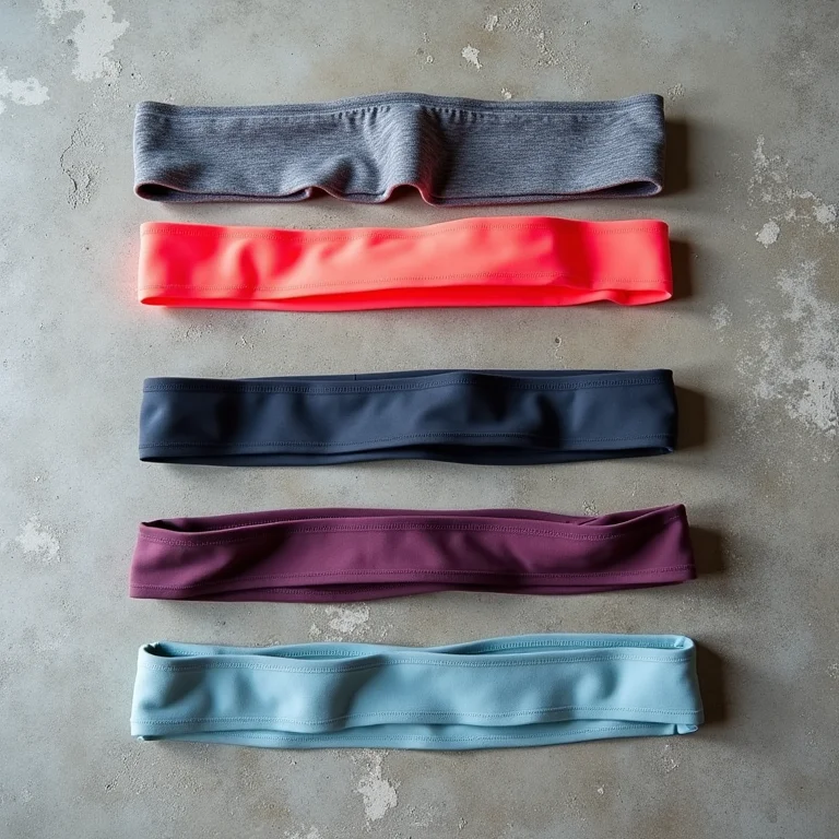 Diversas faixas de cabelo esportivas organizadas em um flat lay.