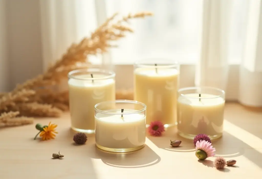 Diversas velas aromáticas veganas com ingredientes naturais