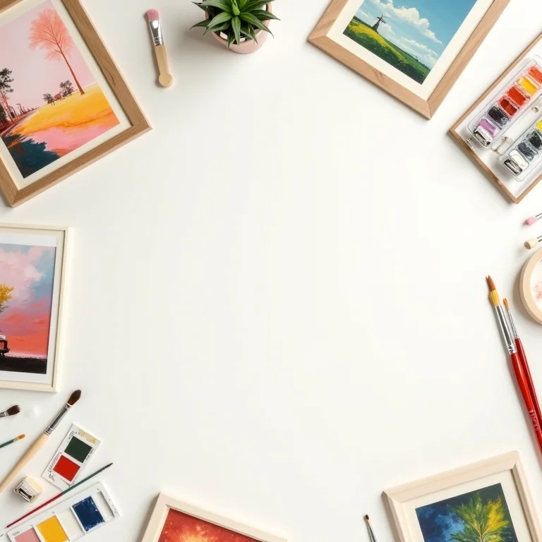 Diversos quadros e materiais de pintura em composição flat lay