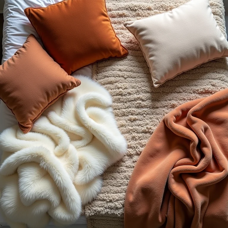 Diversos tecidos macios como mantas e almofadas.