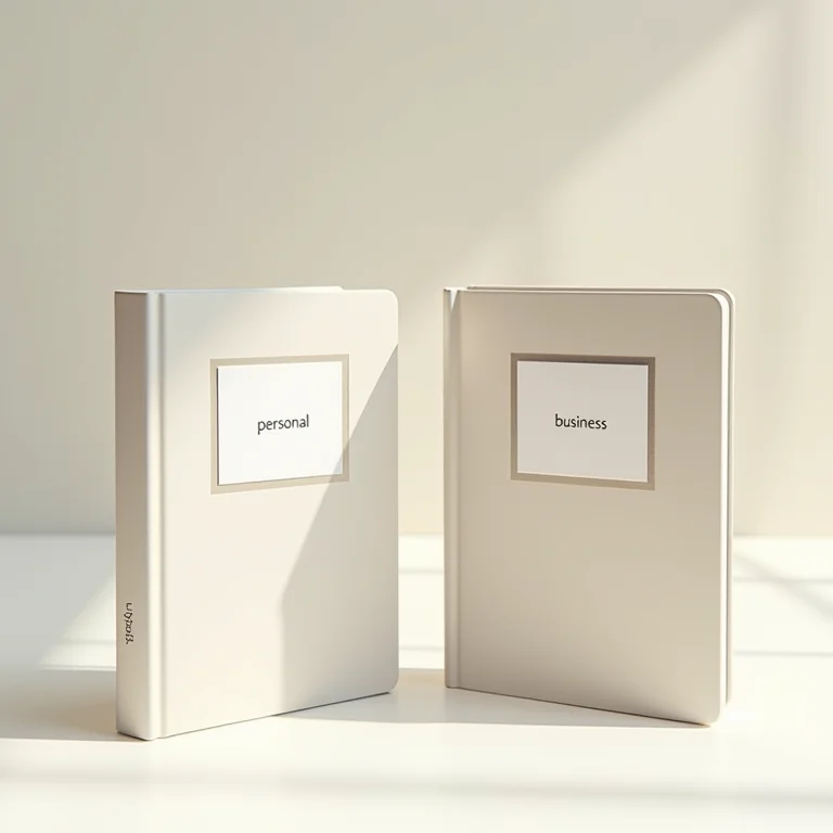 Dois cadernos bancários minimalistas com etiquetas 'pessoal' e 'empresarial', simbolizando a abertura de contas bancárias separadas.
