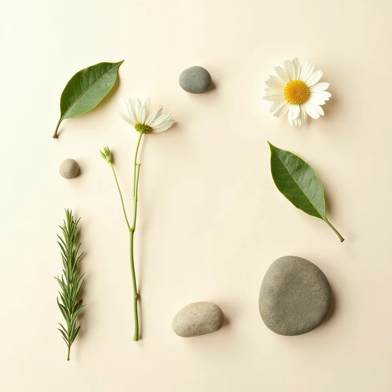 Elementos naturais como folhas, pedras e flores representando a poesia de Caeiro