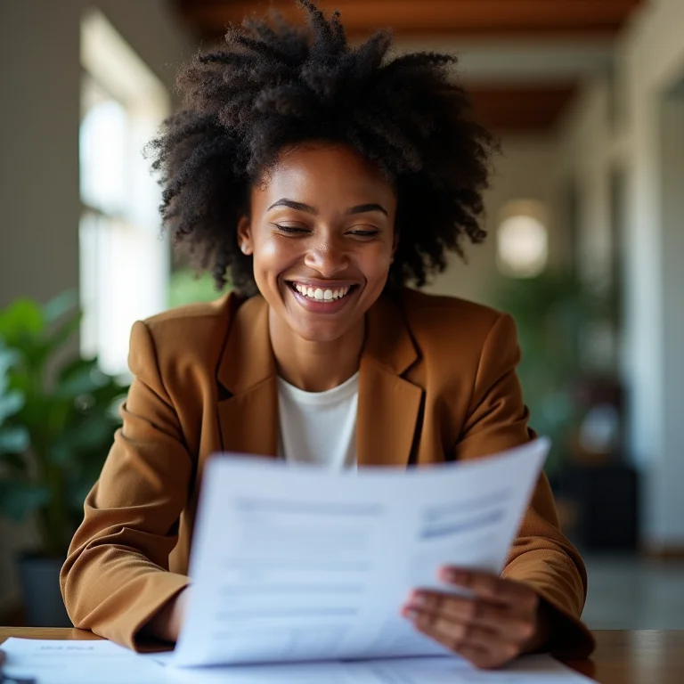 Empreendedora negra sorrindo ao analisar documentos financeiros do MEI