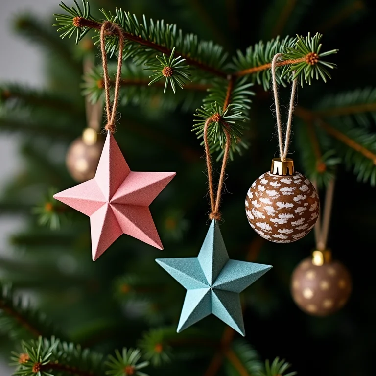 Enfeites de Natal feitos à mão pendurados em uma árvore.