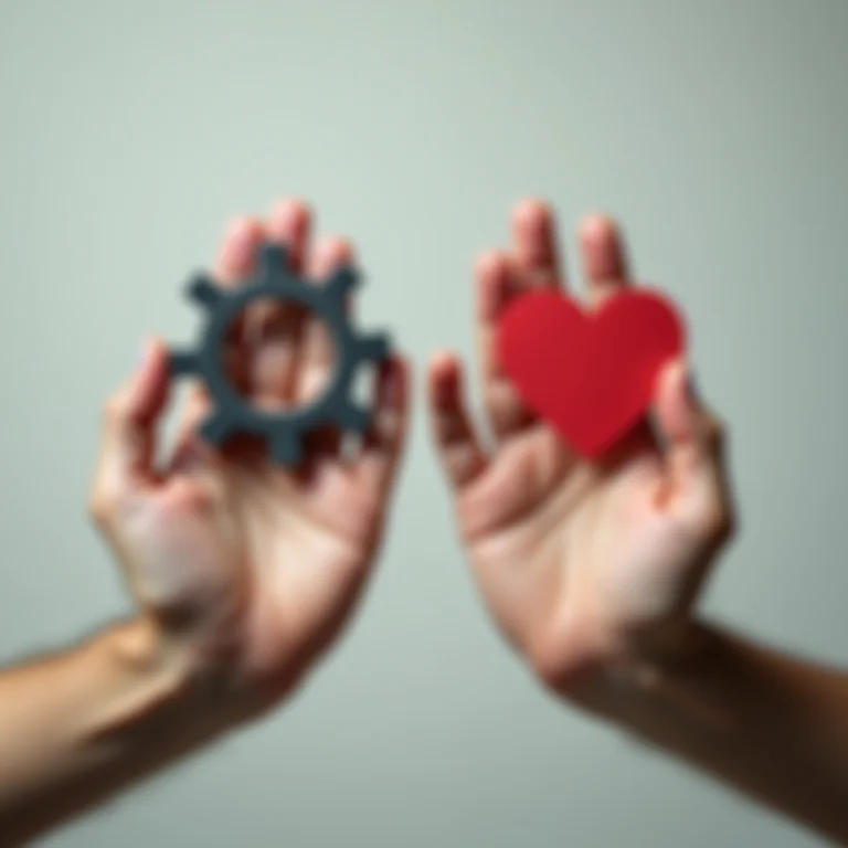Engrenagem e coração nas mãos, representando Hard Skills e Soft Skills