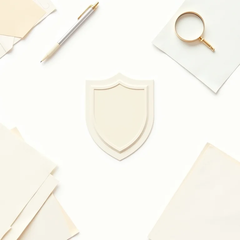 Escudo estilizado com documentos, caneta e lupa.