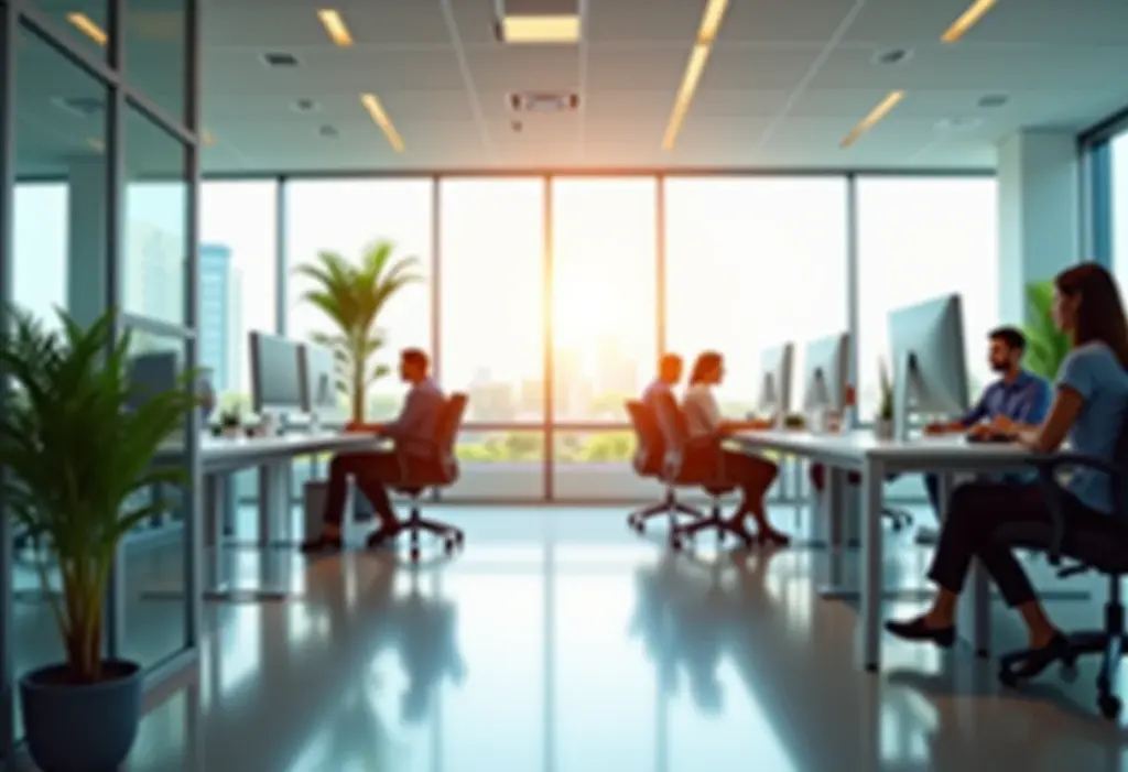 Etiqueta Corporativa: Guia Rápido para Iniciantes no Escritório Espaço de escritório moderno e iluminado com funcionários trabalhando
