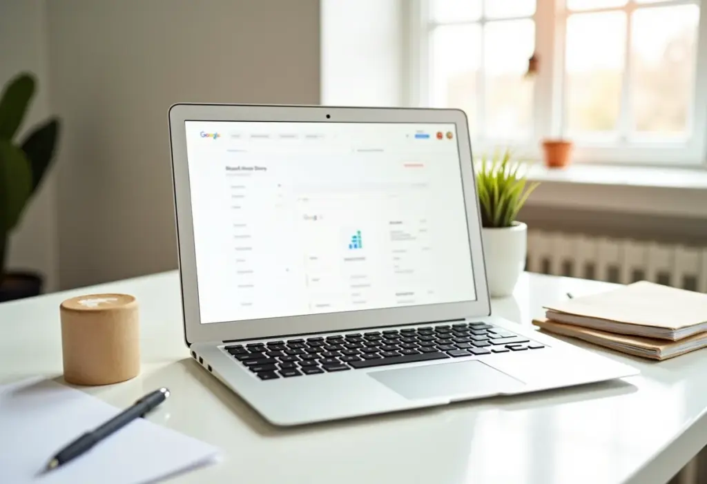 Google Drive: O jeito certo de compartilhar arquivos (e evitar perrengues) Espaço de trabalho minimalista com Google Drive aberto em um laptop.