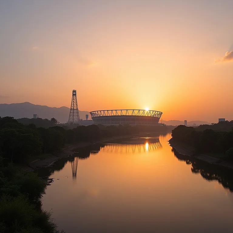 Estádio Beira-Rio ao pôr do sol com reflexos no rio Guaíba.