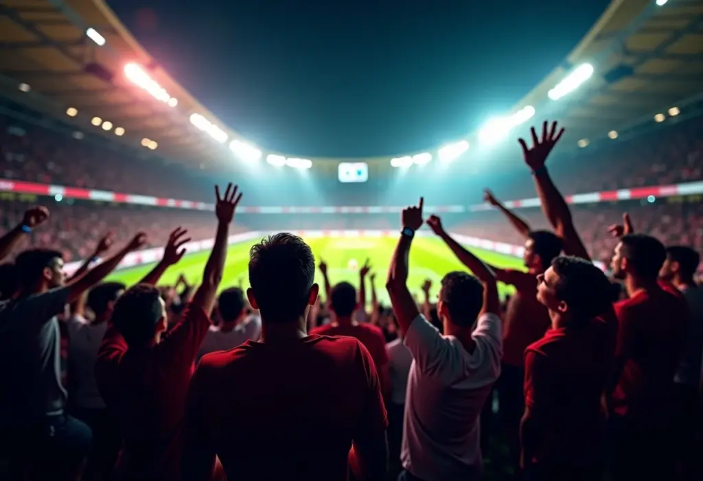 Estádio de futebol vibrante com torcedores apaixonados durante partida tensa.