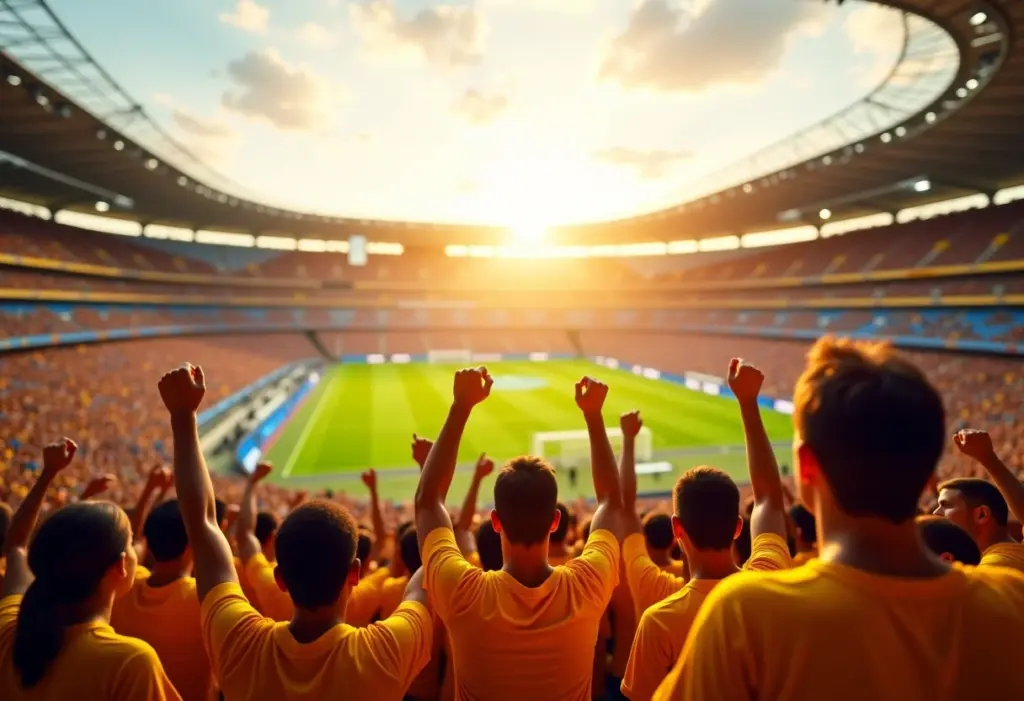 Estádio de futebol vibrante no Brasil com torcedores animados